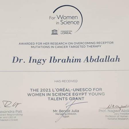 Best Wishes for Dr. Engy Ibrahim Abdullah for winning the 2021 L'Oreal -unesco for women in science